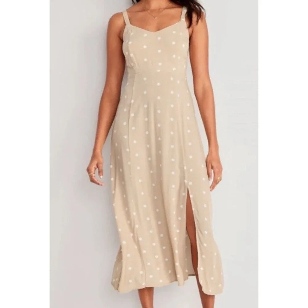 old navy strap tank maxi Dress beige white polka dot Y2K mocked back Size L - Picture 1 of 16